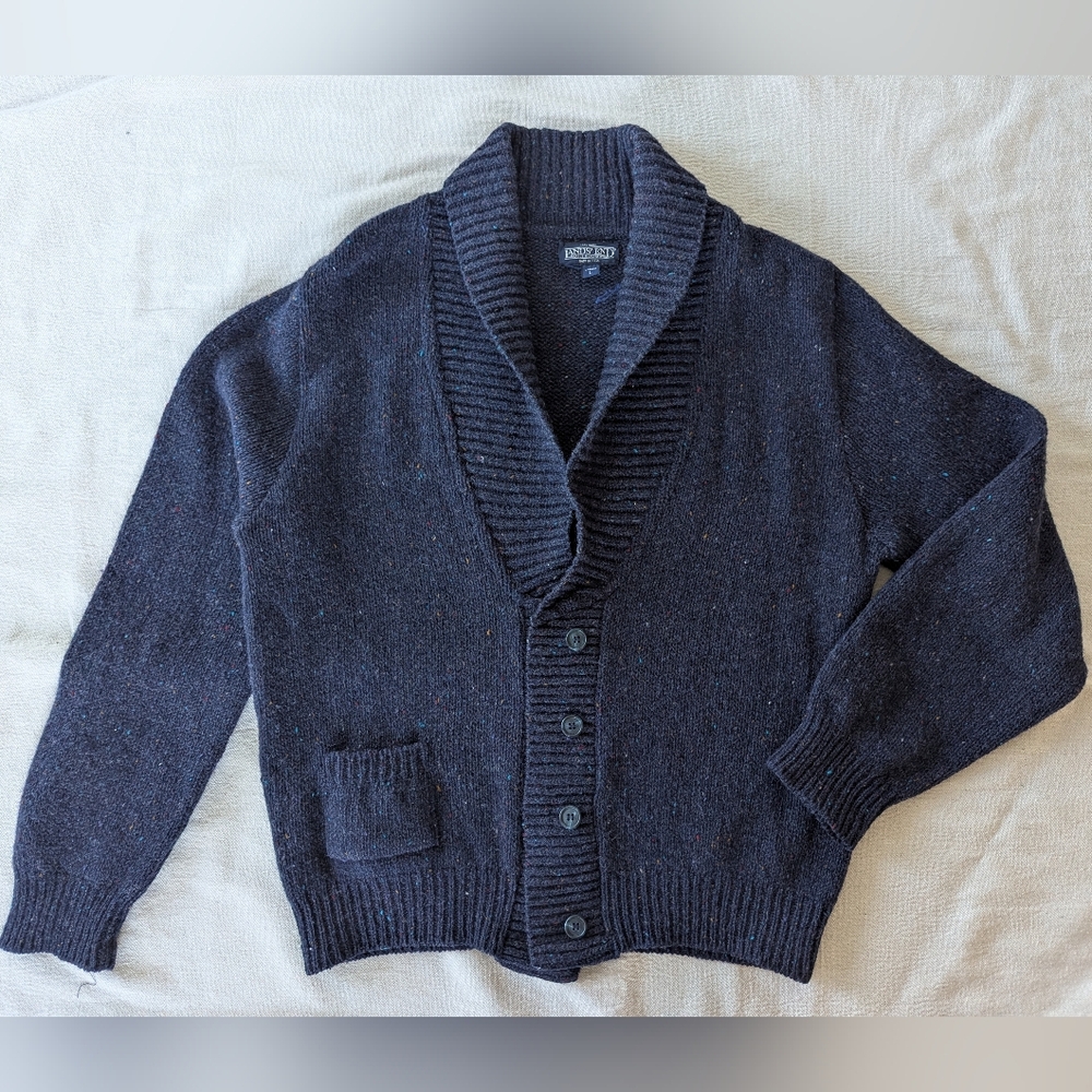 Lands' End Ladies Shawl Cardigan Sweater in Speckled Blue L